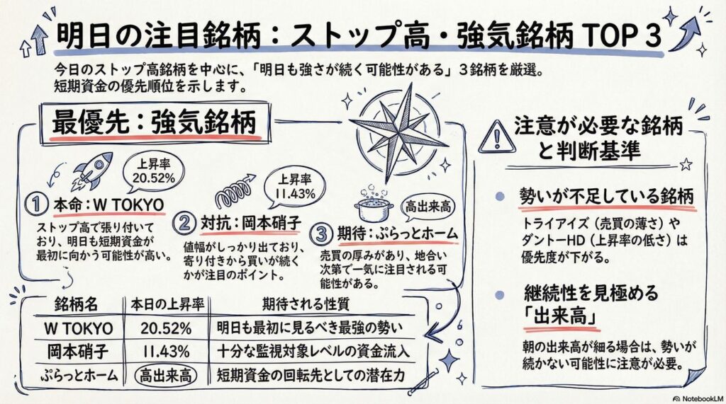 優先して見たいのはW TOKYO、岡本硝子、ぷらっとホームの3銘柄です。