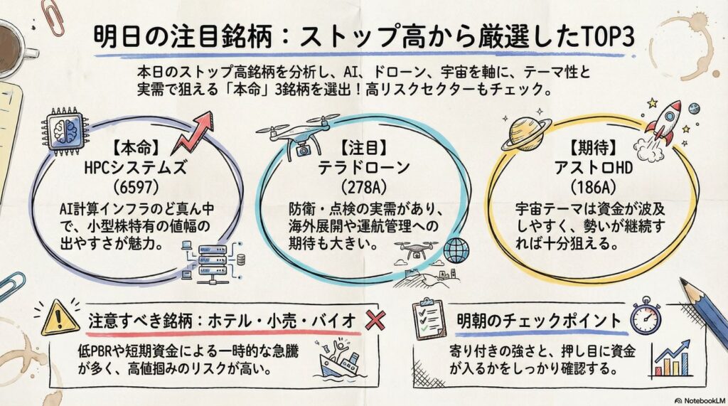 本日のストップ高、明日も狙える銘柄は？注目はHPCシステムズ・テラドローン・アストロHD