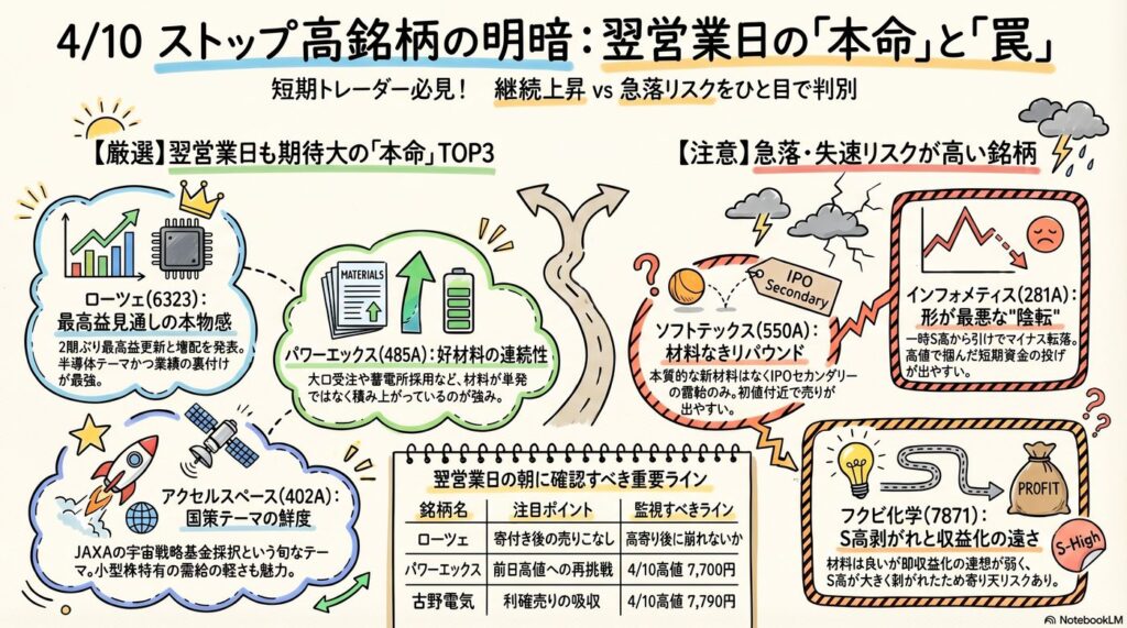 2026年4月10日のストップ高銘柄を検証　翌営業日も強そうな銘柄はどれか