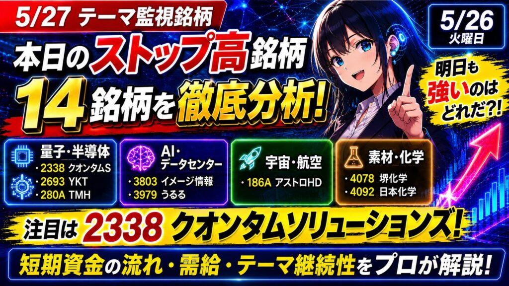 【2338 クオンタムソリューションズに注目】ストップ高14銘柄を分析｜量子・半導体・低位株に短期資金集中