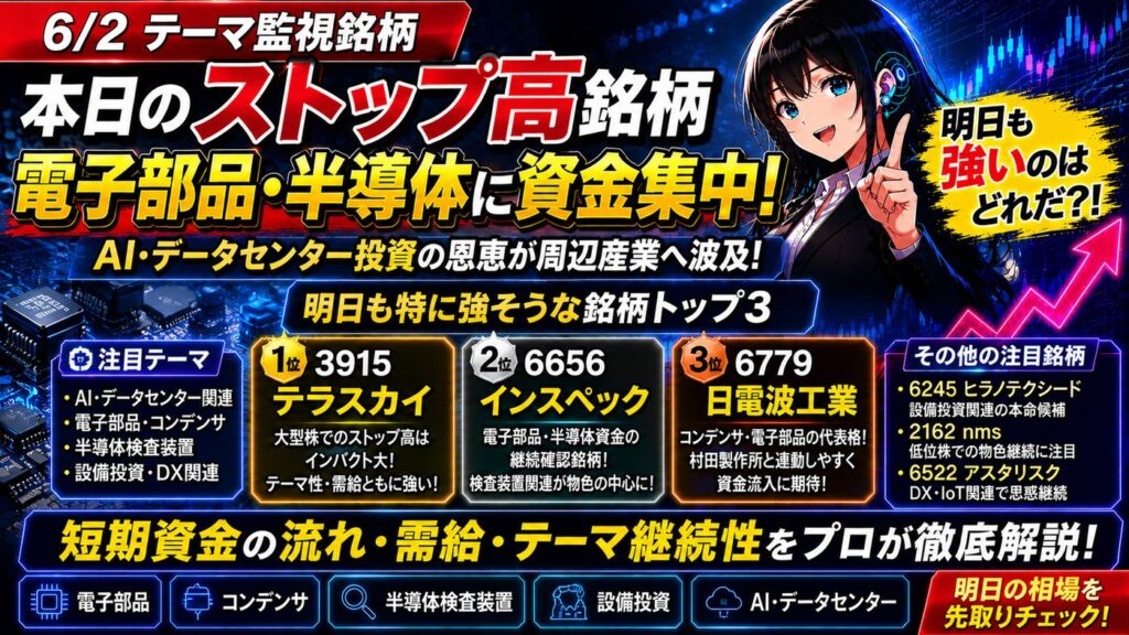 本日のストップ高銘柄一覧と明日の有望株｜6656インスペック・3915テラスカイを徹底分析