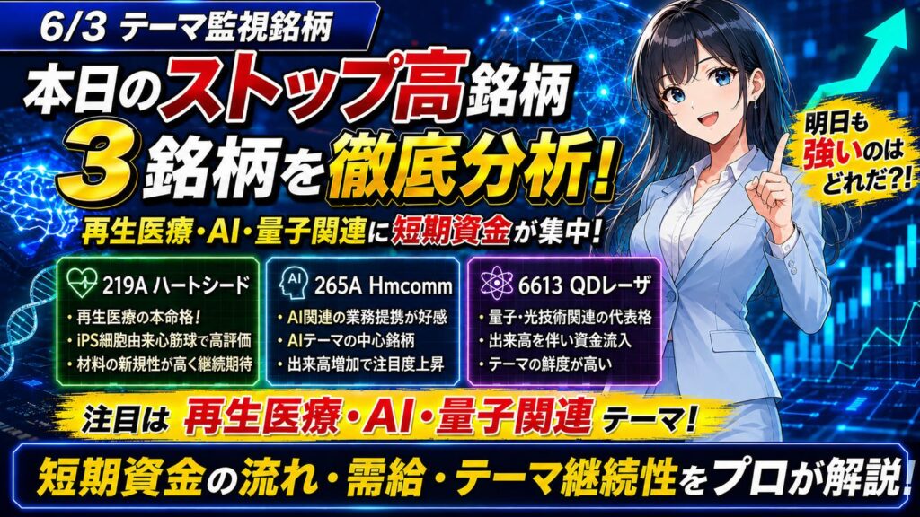 【6月2日ストップ高分析】219Aハートシード・265A Hmcomm・6613 QDレーザに注目｜AI・量子・再生医療に資金集中